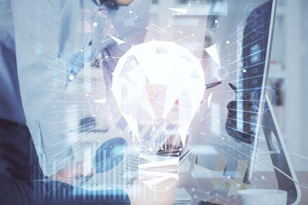 Growing arrows with businessman working on computer on background. Success concept. Double exposure.