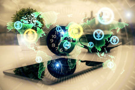 Double exposure of forex graph drawing and cell phone background. Concept of financial data analysis