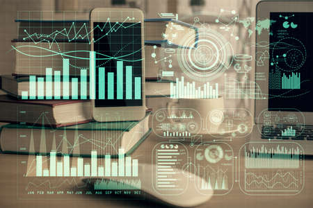 Double exposure of financial graph drawing and cell phone background. Concept of forex trading