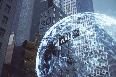 Double exposure of social network theme drawing and cityscape background. Concept of people...