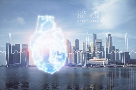 Double exposure of heart icon and cityscape background.