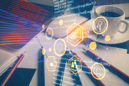 Double exposure of desktop with computer on background and tech theme drawing. Concept of big data.