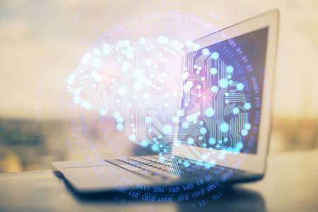 Double exposure of desktop computer and human brain drawing hologram. Ai concept.の写真素材