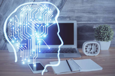 Multi exposure of work table with computer and brain hologram. Brainstorm concept.