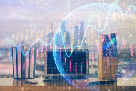 Multi exposure of forex chart and work space with computer. Concept of international online trading.
