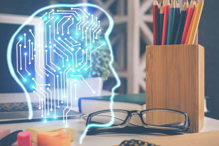 Brain drawings with glasses on the table background. Double exposure.