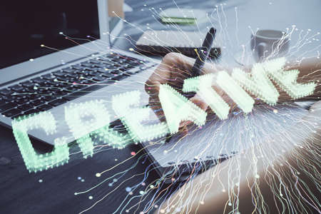 Start up creative drawing over close up hands on background. Concept of brainstorming. Multi...