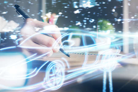 Tech autopilot theme hologram over woman's hands taking notes background. Concept of hightech. Double exposureの写真素材