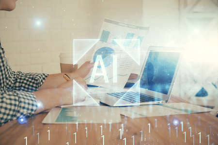 Double exposure of tech drawings with hands working on computer background. Concept of innovation.の写真素材