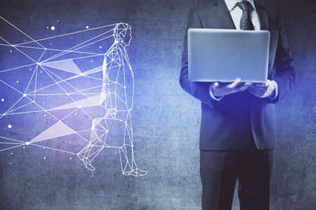 Start up drawings with businessman working on computer on background. Teamwork concept. Double exposure.の写真素材