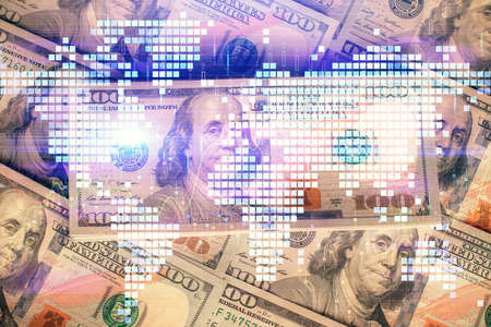 Multi exposure of business theme drawing over us dollars bill background. Concept of financial success.の写真素材