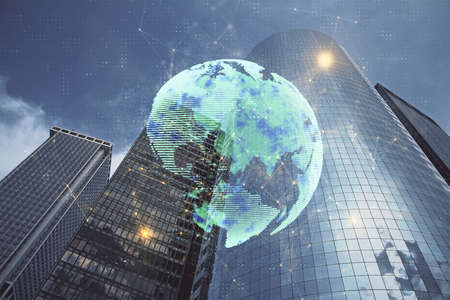 Double exposure of social network theme drawing and cityscape background. Concept of people...