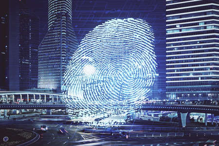 Double exposure of finger print hologram and cityscape background. Concept of personal security.