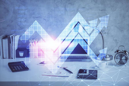 Computer on desktop with point up arrows hologram. Double exposure. Concept of success.