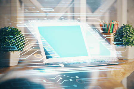 Double exposure of desktop with personal computer on background and tech theme drawing. Concept of...