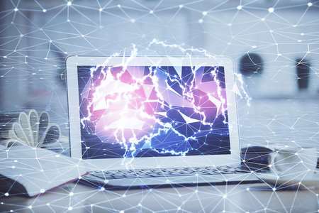 Double exposure of work space with computer and human brain drawing hologram. Brainstorm concept.の写真素材
