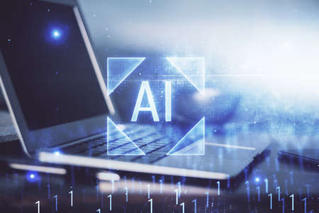 Double exposure of desktop computer and technology theme hologram. Concept of software development.の写真素材