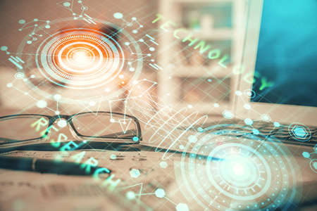 Data tech hologram with glasses on the table background. Concept of technology. Double exposure.