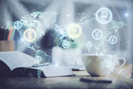 Multi exposure of forex graph drawing and desktop with coffee and items on table background. Concept...