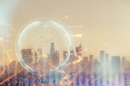 Map and data theme hologram on city view with skyscrapers background double exposure. International technology in business concept.の写真素材