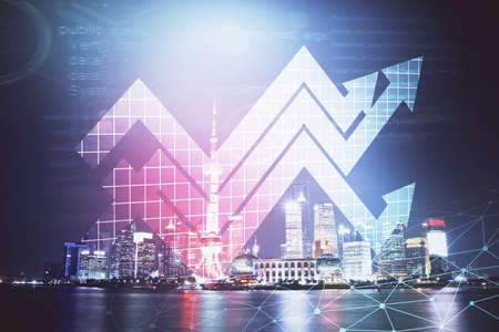 Double exposure of arrows growing up hologram and cityscape background. Concept of success.