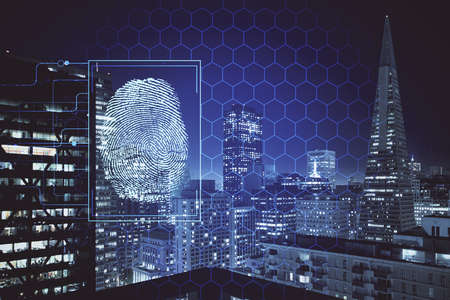 Double exposure of finger print hologram and cityscape background. Concept of personal security.