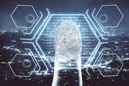 Double exposure of finger print hologram and cityscape background. Concept of personal security.