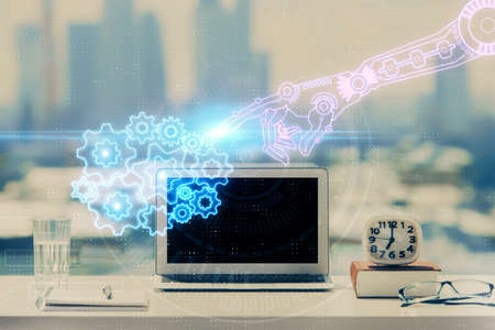 Multi exposure of table with computer on background and data theme drawing. Concept of innovation.