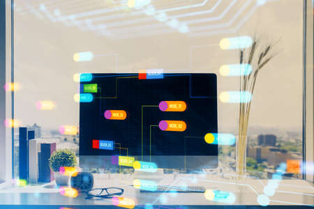 Multi exposure of table with computer on background and data theme drawing. Concept of innovation.の写真素材