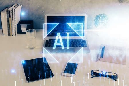 Multi exposure of table with computer on background and data theme drawing. Concept of innovation.