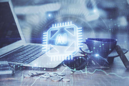 Double exposure of computer and technology theme hologram. Concept of freelance work.