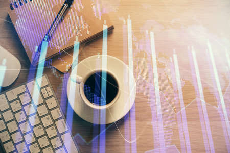 Multi exposure of forex chart drawing and work table top veiw. Concept of financial analysis.の写真素材