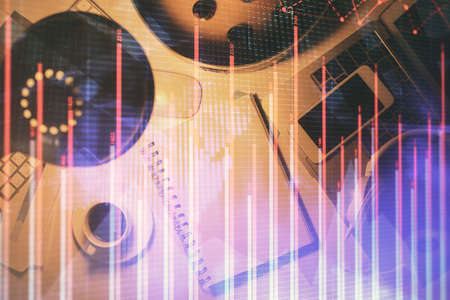 Multi exposure of forex chart drawing and work table top veiw. Concept of financial analysis.