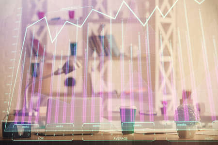 Double exposure of stock market graph drawing and office interior background. Concept of financial...