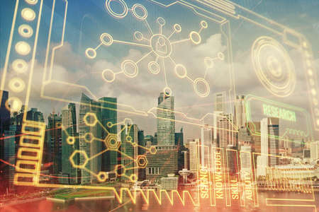 Data theme hologram drawing on city view with skyscrapers background multi exposure. Bigdata...