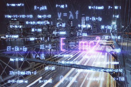 Double exposure of sience formula drawing and cityscape background. Concept of education.