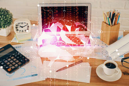 Double exposure of desktop computer and human brain drawing hologram. Ai concept.