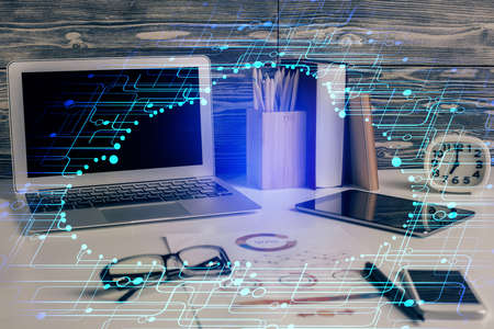 Multi exposure of desktop with computer on background and tech theme drawing. Concept of big data.
