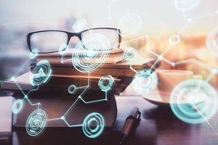 Social network theme drawing with glasses on the table background. Concept of people media...