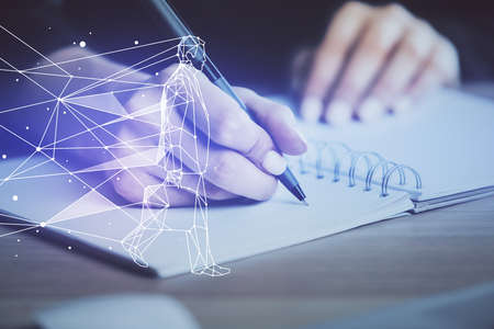 Start up creative drawing over close up hands on background. Concept of brainstorming. Multi...