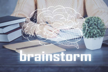 Start up creative drawing over close up hands on background. Concept of brainstorming. Multi exposureの写真素材