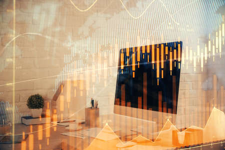 Double exposure of stock market graph drawing and office interior background. Concept of financial...