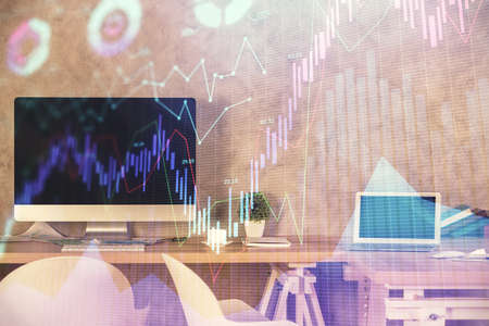 Multi exposure of financial graph drawing and office interior background. Concept of market...
