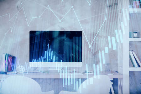 Multi exposure of stock market chart drawing and office interior background. Concept of financial...