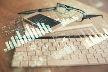 Double exposure of forex chart drawing and cell phone background. Concept of financial trading