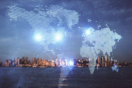 Double exposure of social network theme drawing and cityscape background. Concept of people...