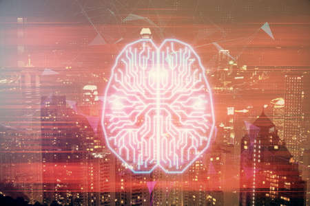 Brain hologram drawing on city scape background Double exposure. Brainstorming concept.の写真素材