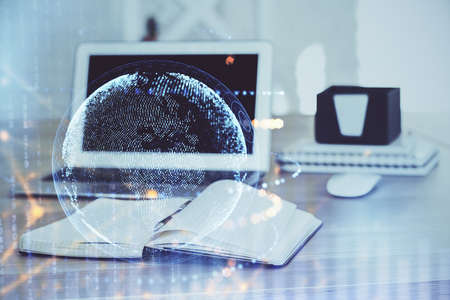 Multi exposure of table with computer and world map hologram. International data network concept.
