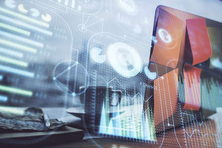 Double exposure of laptop computer and technology theme hologram. Concept of freelance work.