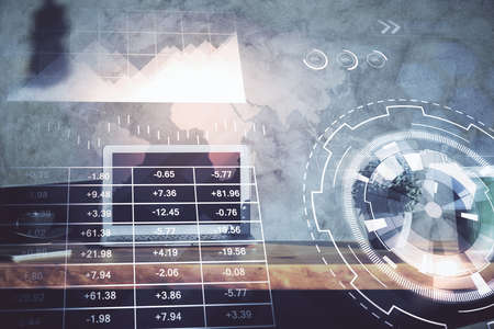 Multi exposure of forex graph and work space with computer. Concept of international online trading.